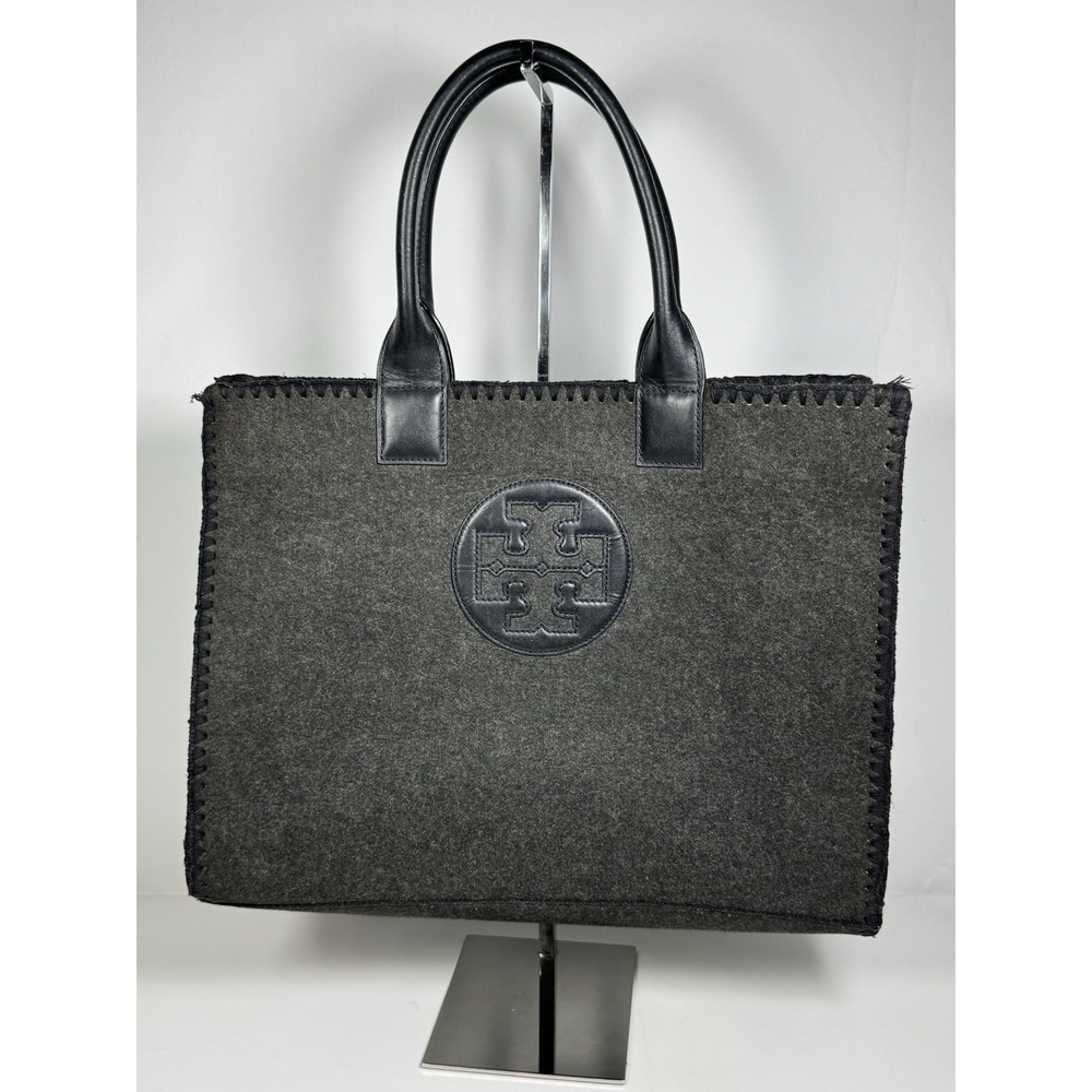 Tory Burch Ella Tote Charcoal Gray Wool Expandable Bag Utility Carry All